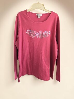 'Bonnie Evans" Rose Wine Long Sleeve Floral Embroidered Tee
